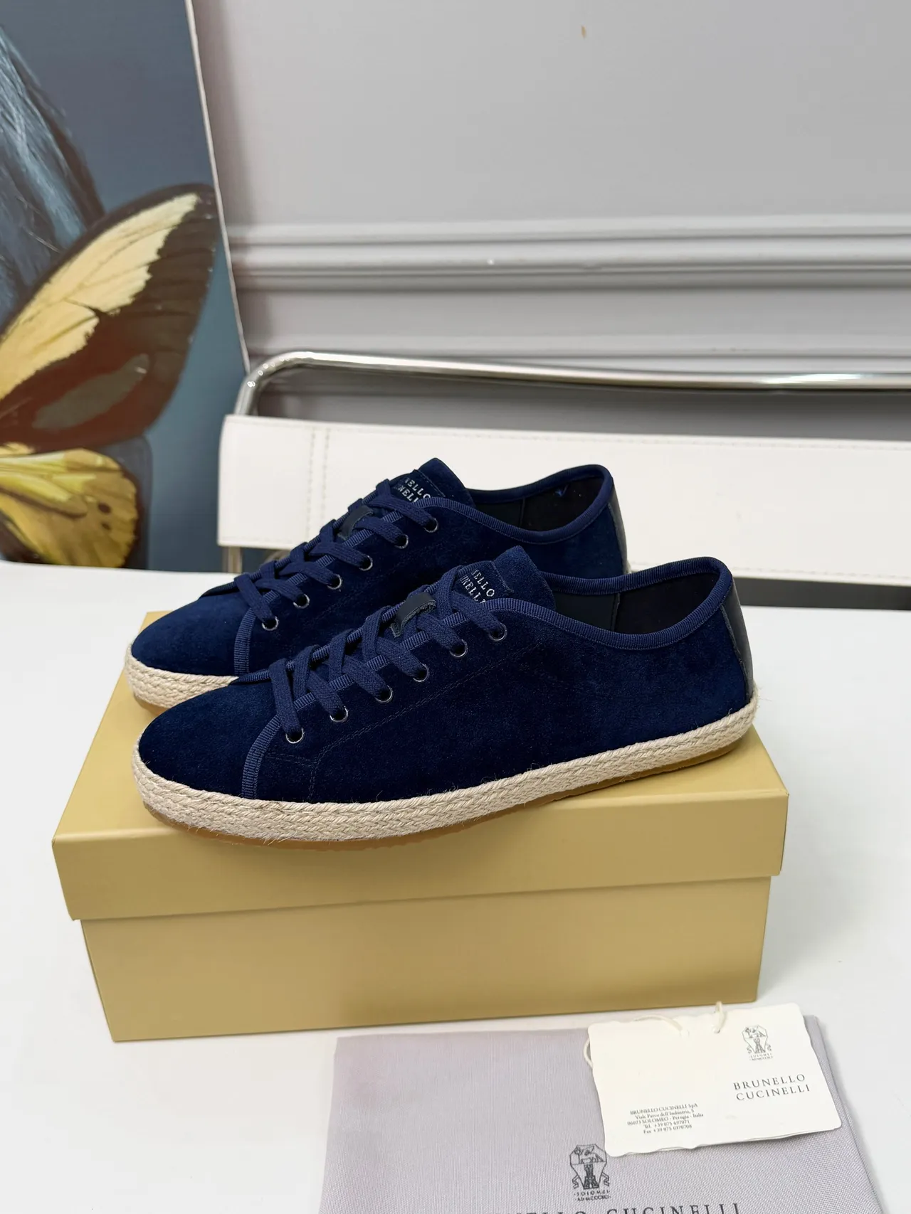 Brunello Cucinelli Sapatos de barco com upper de camurça Navy Beige sola de esparto 5