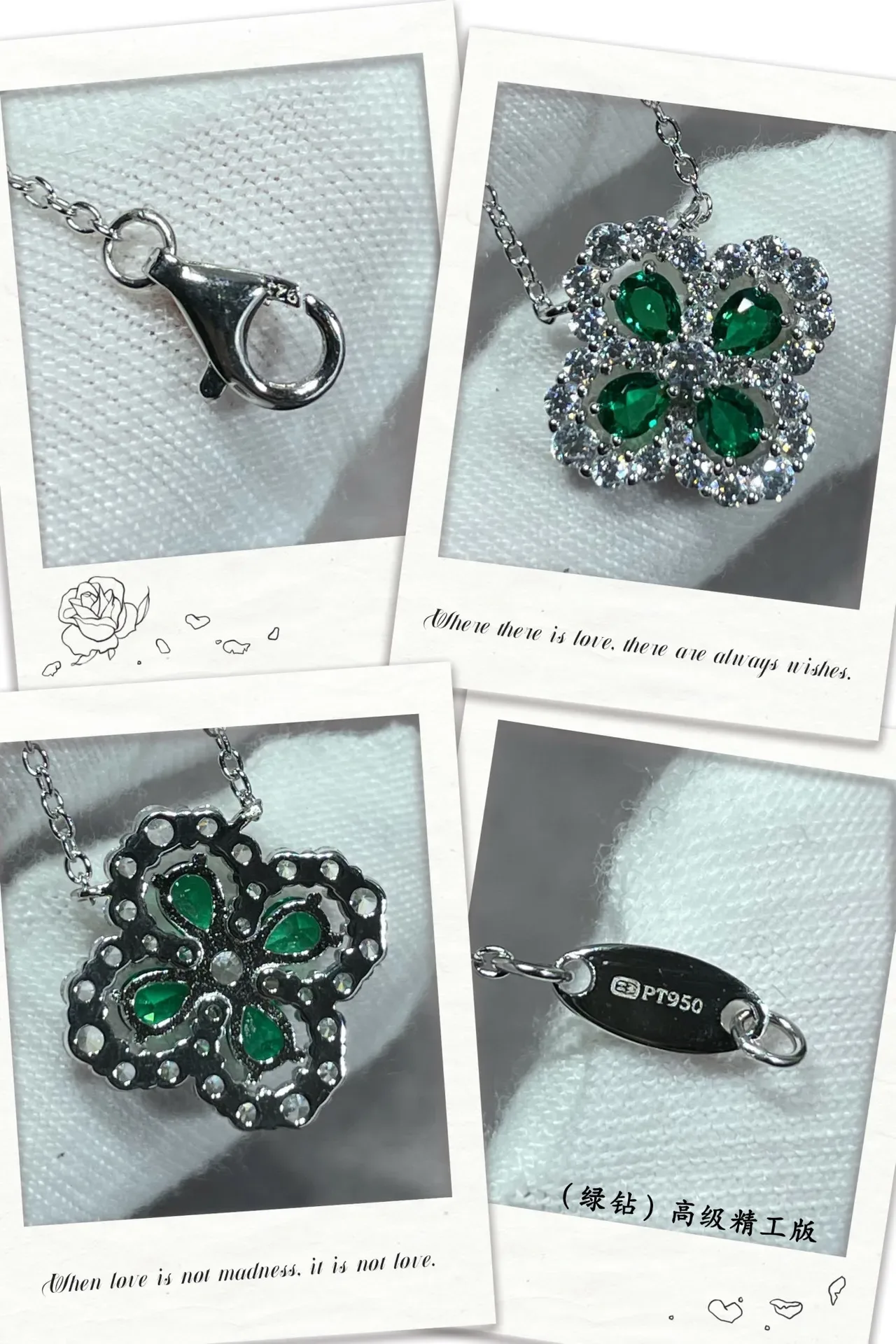 Collier pendentif en forme de trèfle avec gemmes vertes et transparentes 2