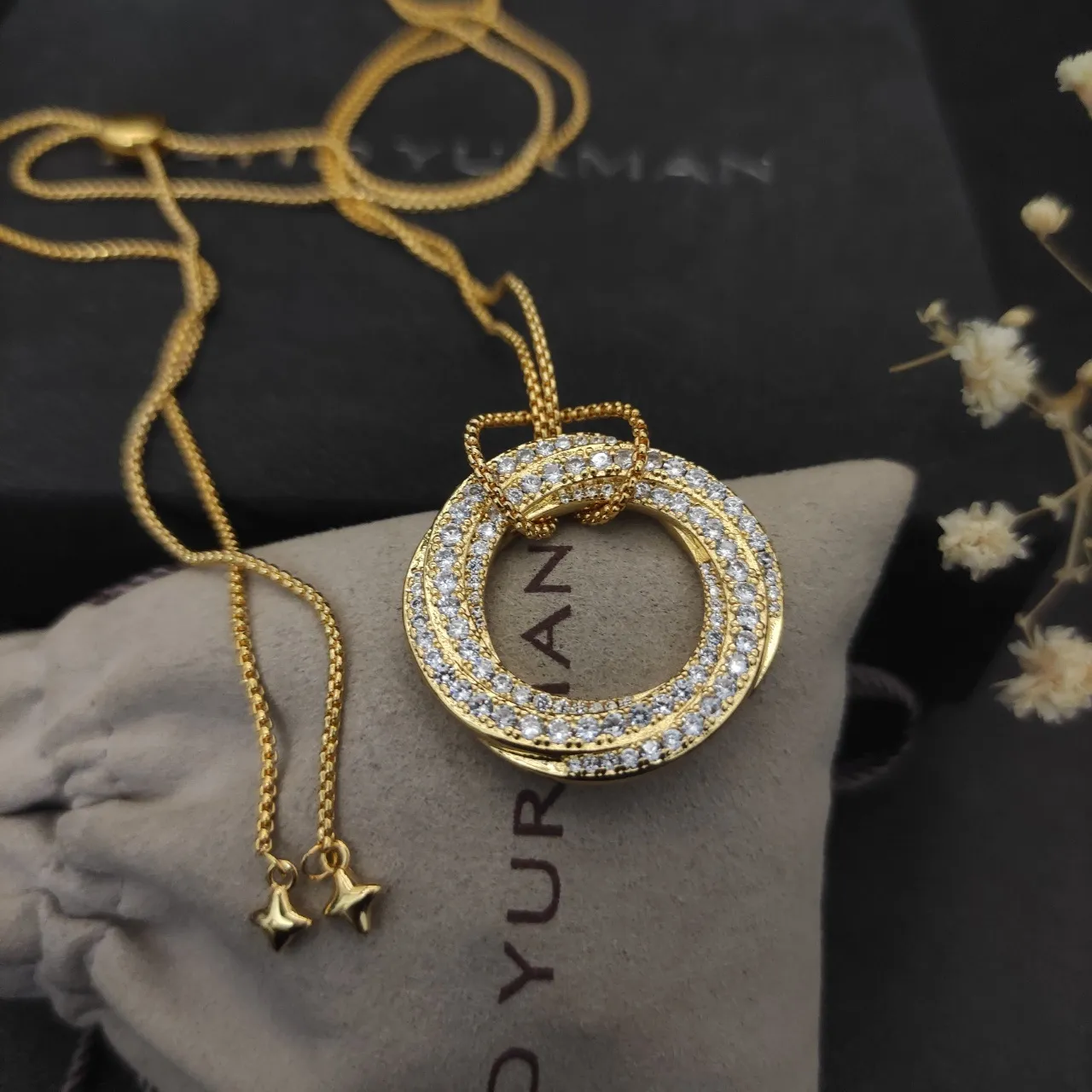 David Yurman Albion Gold Silver Interlocking Triple Rings Pavé-Set Clear Stones Necklace 2