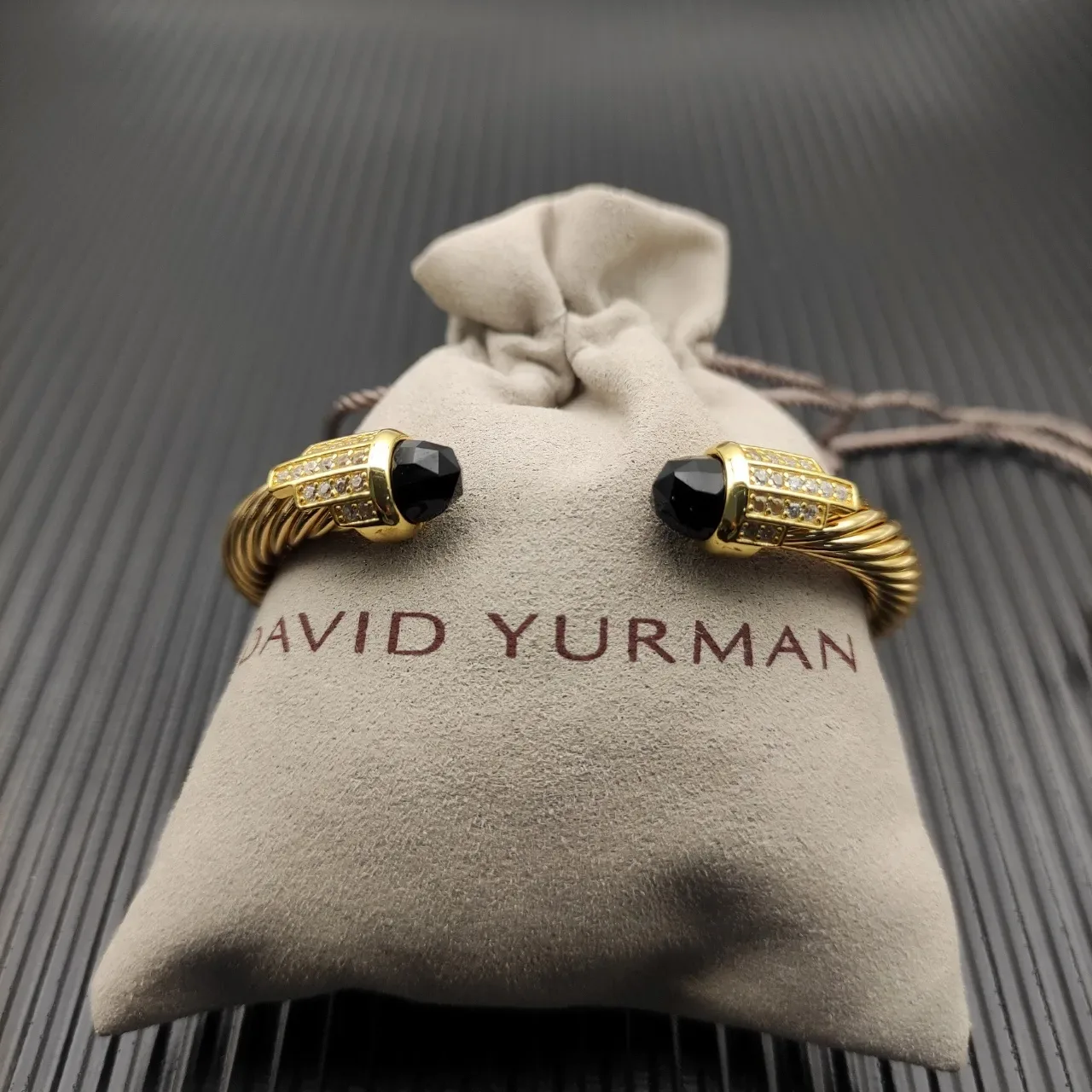 David Yurman Cable Classic Pulseira Ouro Preto Terminal Pedra Facetada Twisted 7