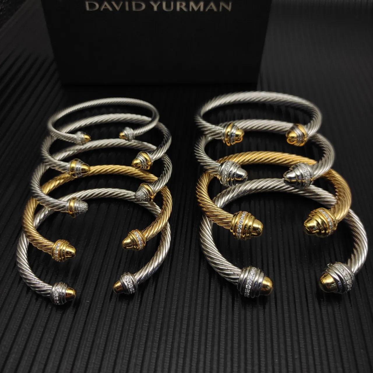 David Yurman Cable Classic Gold Silver Twisted Pavé-Diamond End Caps Bracelet 2