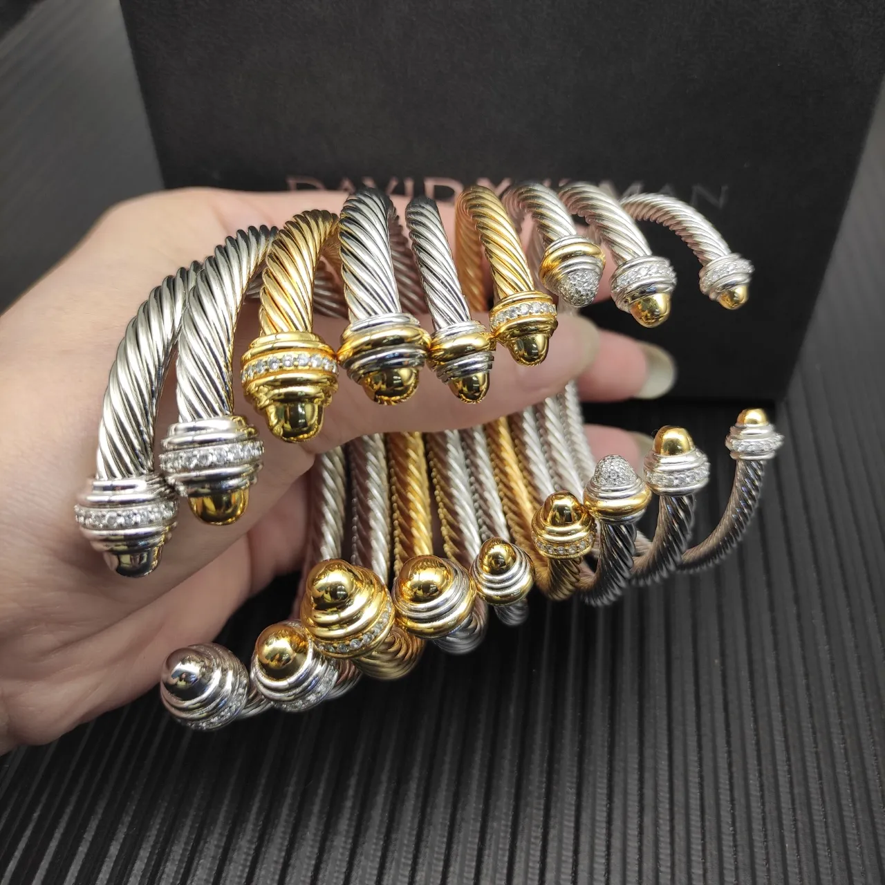 David Yurman Cable Classic Gold Silver Twisted Pavé-Diamond End Caps Bracelet 5
