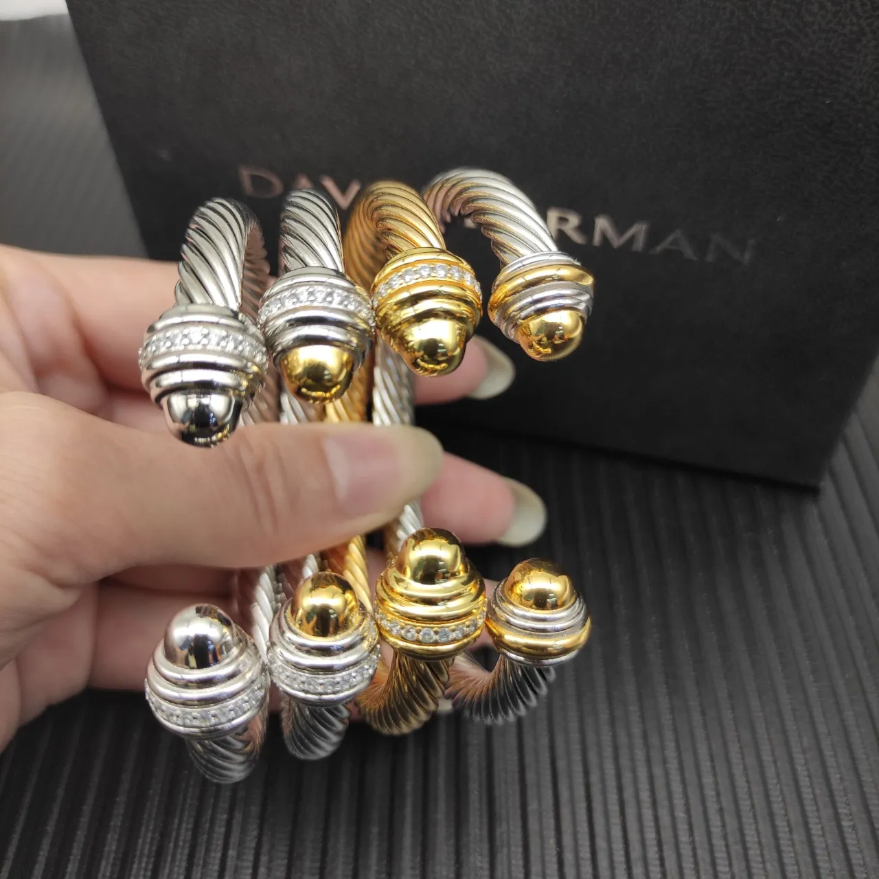 David Yurman Cable Classic Gold Silver Twisted Pavé-Diamond End Caps Bracelet 6