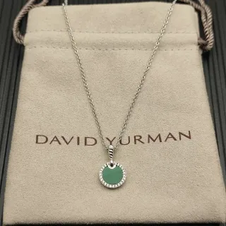 David Yurman Colar Pingente Disco Circular Verde Prata Halo Diamantes Pavé