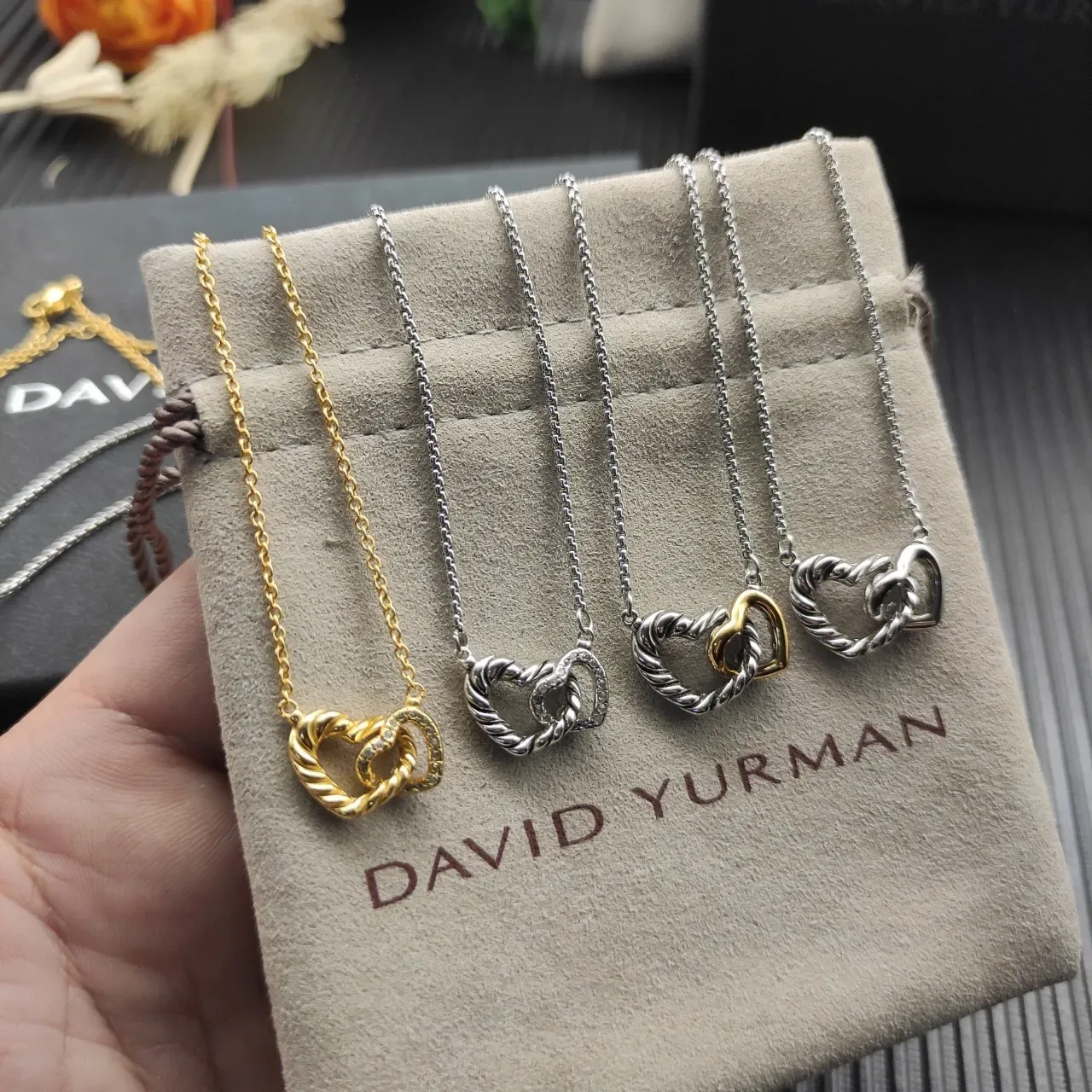 David Yurman Love Knot Silver Gold Twisted Cable Interlocking Hearts Necklace 2
