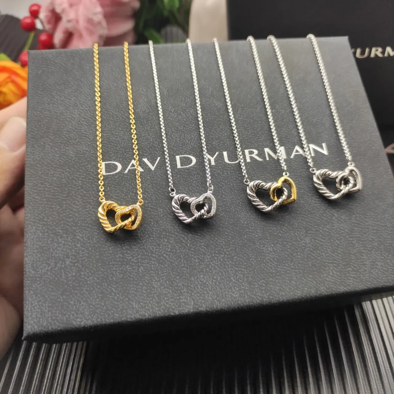 David Yurman Love Knot Silver Gold Twisted Cable Interlocking Hearts Necklace 6