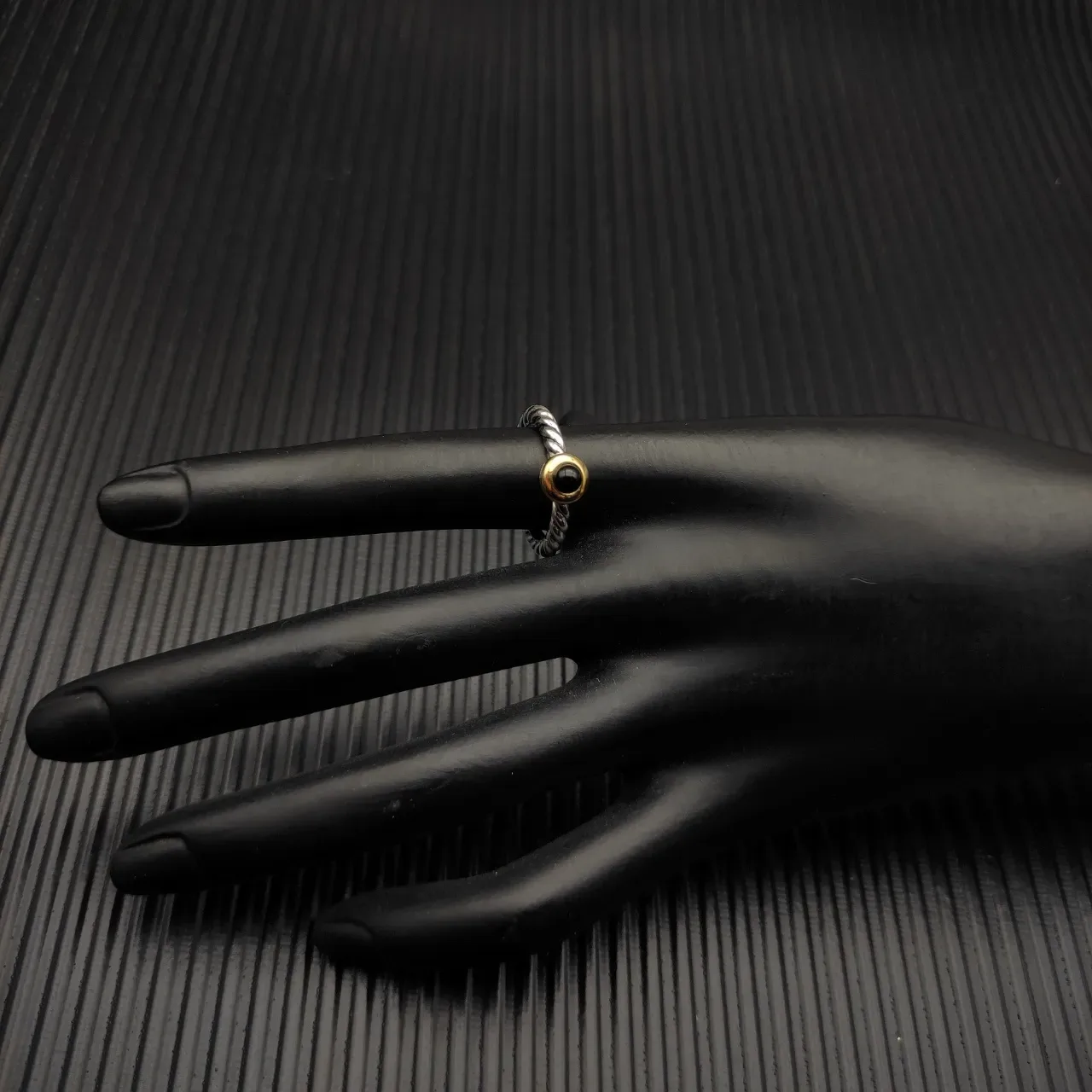 David Yurman Silver Gold Twisted Cable Band Bezel-Set Black Stone Ring 3