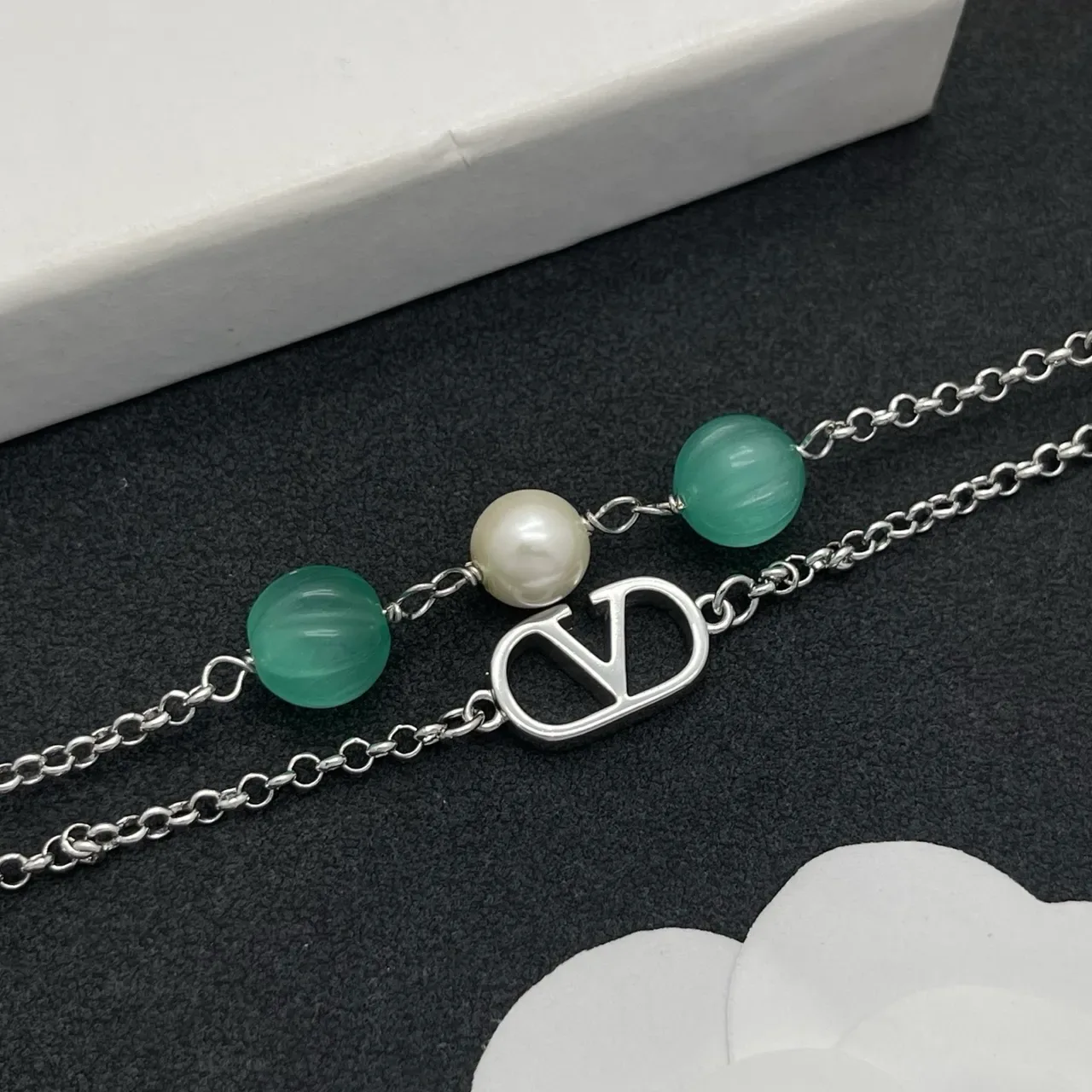 Double-Chain Pearl and Green Bead Charm Bracelet 7