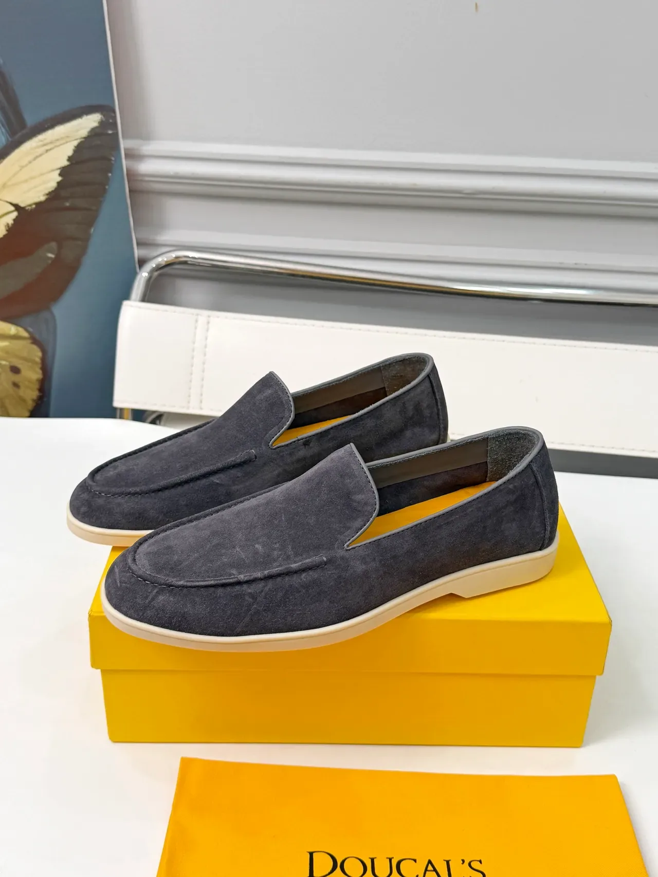 DOUCAI'S Gray Yellow Suede Upper Moc-Toe Stitching Loafer 5