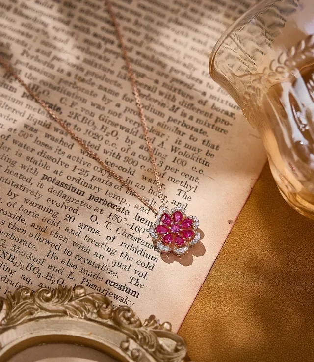 Floral Ruby and Pavé Diamond Pendant Necklace 8