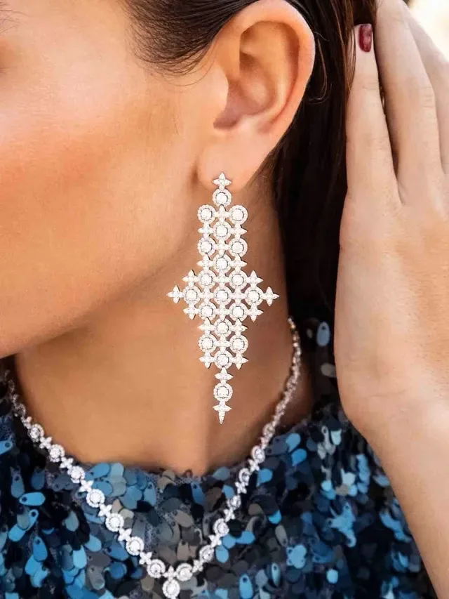 Geometric Lattice Pavé-Set Dangling Drop Earrings 2