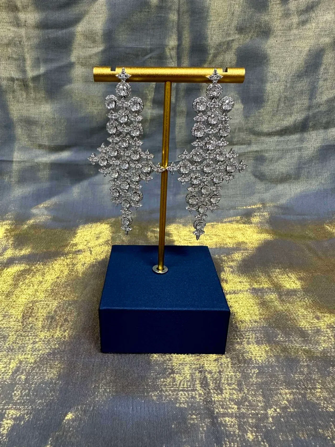 Geometric Lattice Pavé-Set Dangling Drop Earrings 6