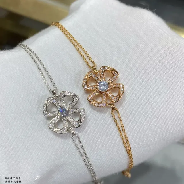 Gold and Silver Floral Pavé Stone Double-Chain Bracelets 7