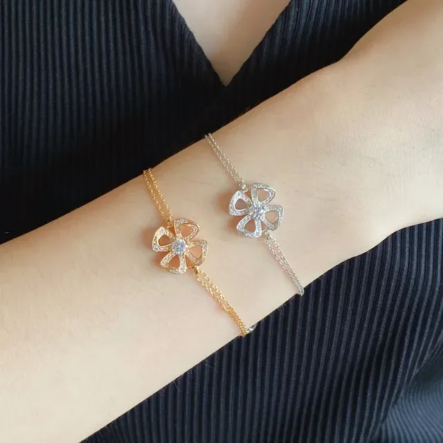 Gold and Silver Floral Pavé Stone Double-Chain Bracelets 9