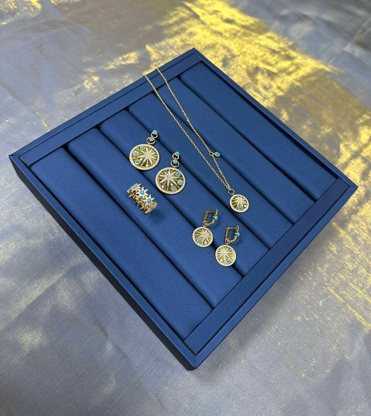 Gold Blue Circular Medallion Earrings 7