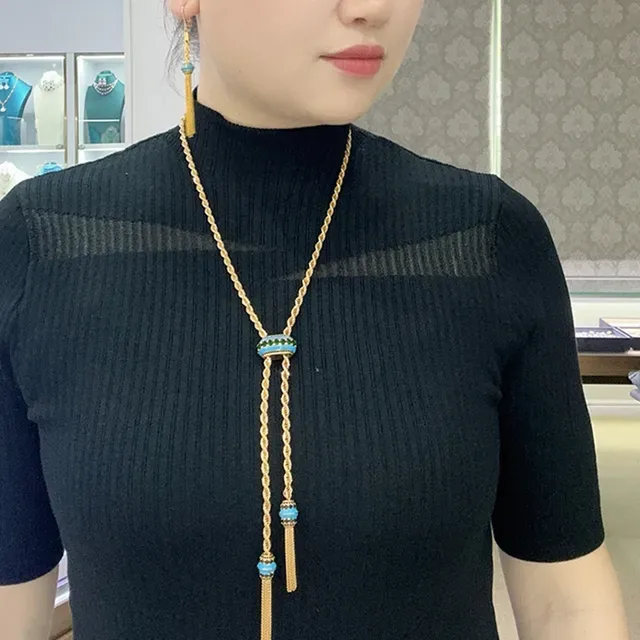 Gold Blue Twisted Rope Chain Enamel Bead Accents Necklace 2