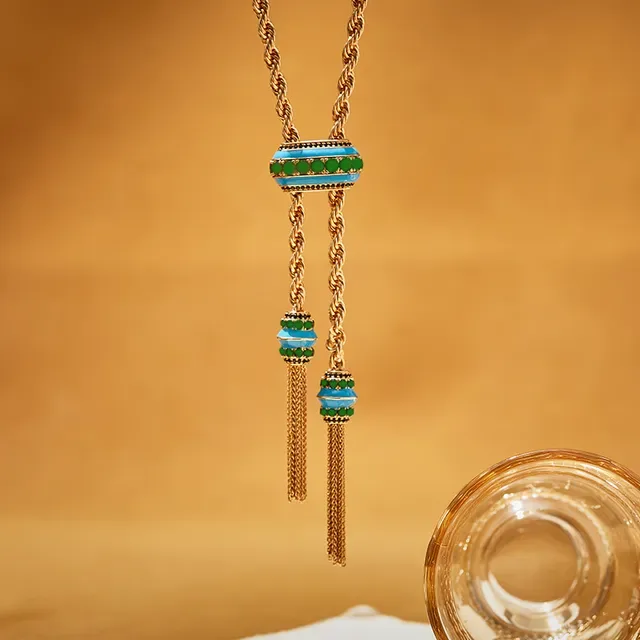 Gold Blue Twisted Rope Chain Enamel Bead Accents Necklace 4