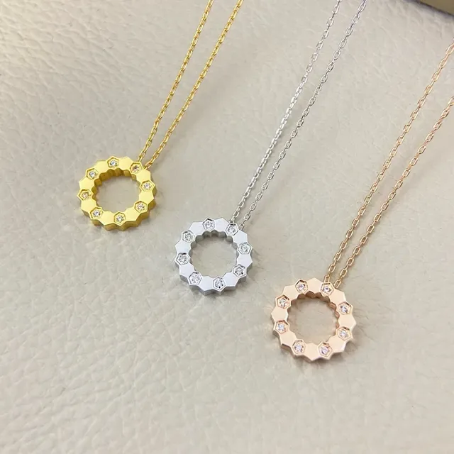 Gold Silver Geometric Open-Circle Pendant Faceted Stone Accents Necklace 2