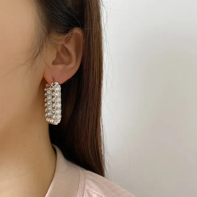 Gold Silver Rectangular Hoop Pavé Crystal Earrings 2