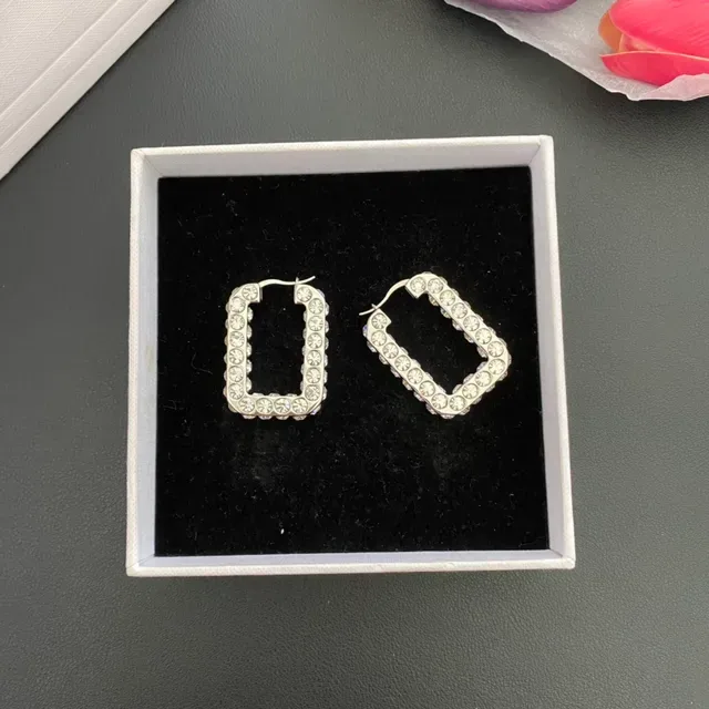 Gold Silver Rectangular Hoop Pavé Crystal Earrings 7
