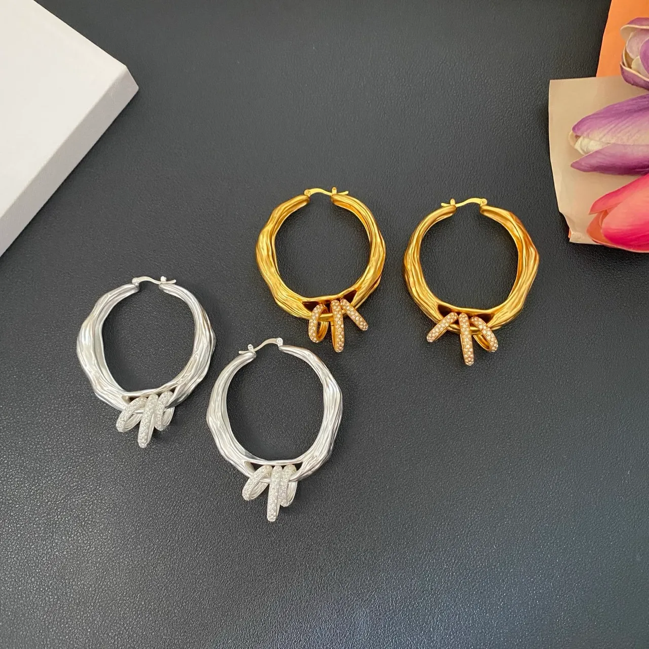 Gold Silver Textured Organic Hoop Pavé-Set Dangling Bars Earrings 9