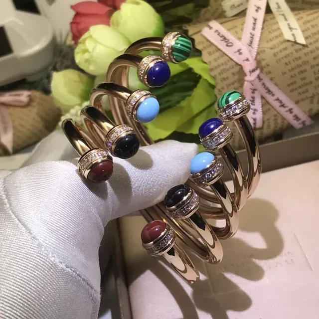 Gold-Tone Cabochon Gemstone Pavé Bangle Bracelets 7