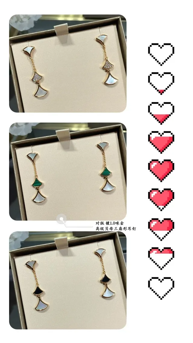 Gold-Tone Fan-Shaped Layered Mother-of-Pearl and Malachite Dangle Earrings 7