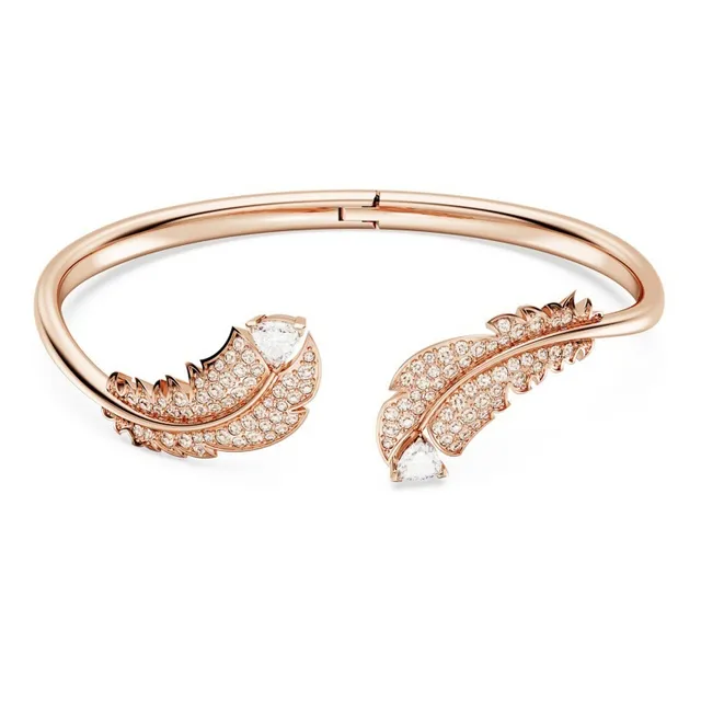 Gold-Tone Feather Motif Pavé-Set Hinged Cuff Bracelet 17