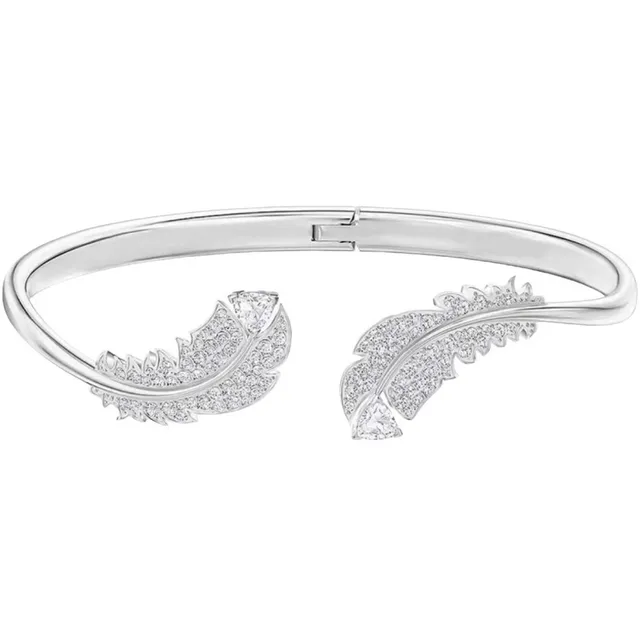 Gold-Tone Feather Motif Pavé-Set Hinged Cuff Bracelet 20