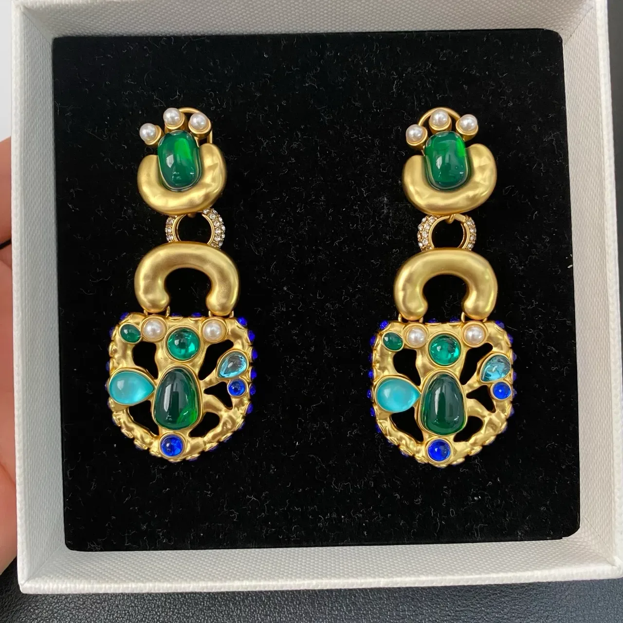 Gold-Tone Multi-Stone Pearl Drop Earrings 4