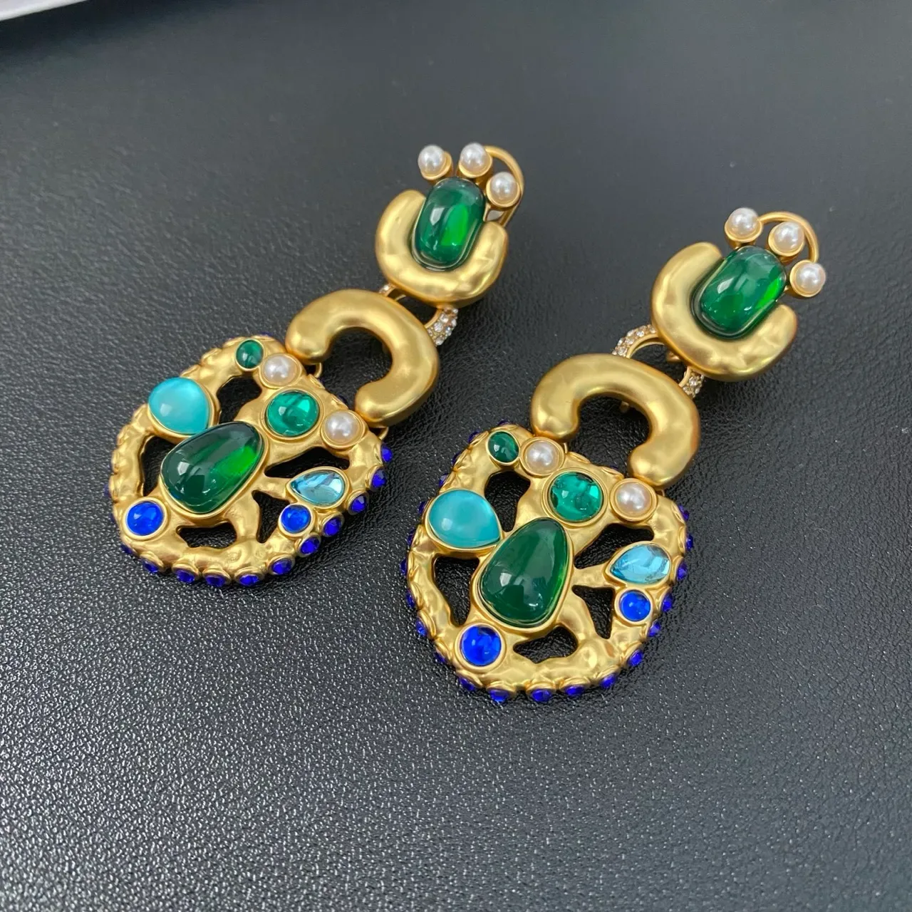 Gold-Tone Multi-Stone Pearl Drop Earrings 7