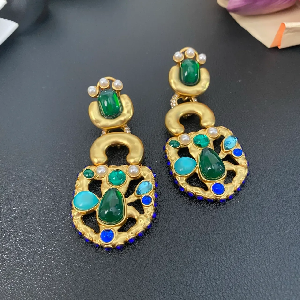 Gold-Tone Multi-Stone Pearl Drop Earrings 8