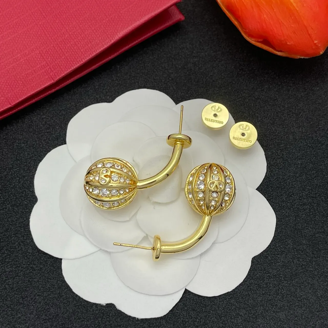 Gold-Tone Pavé Crystal Segmented Sphere Clip Earrings 3