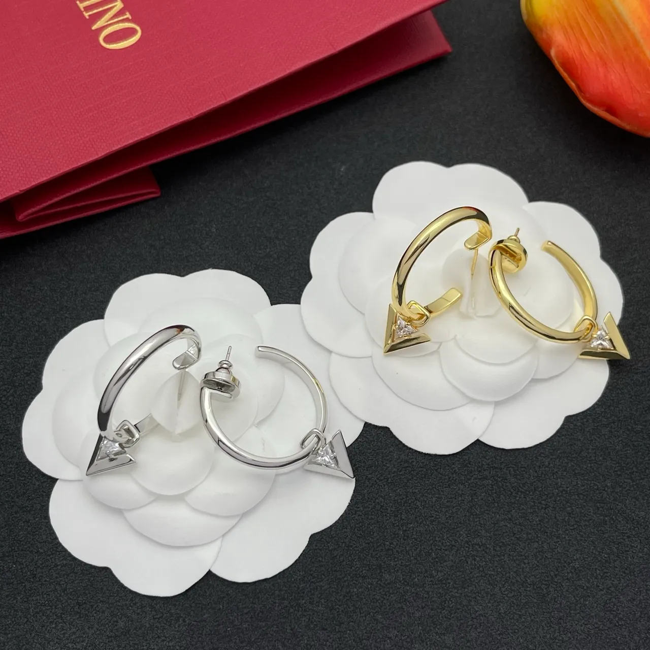Gold Transparent Hoops Dangling Triangular Charms Earrings 2