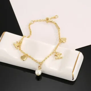 Gold White Chain Heart Charms Bracelet