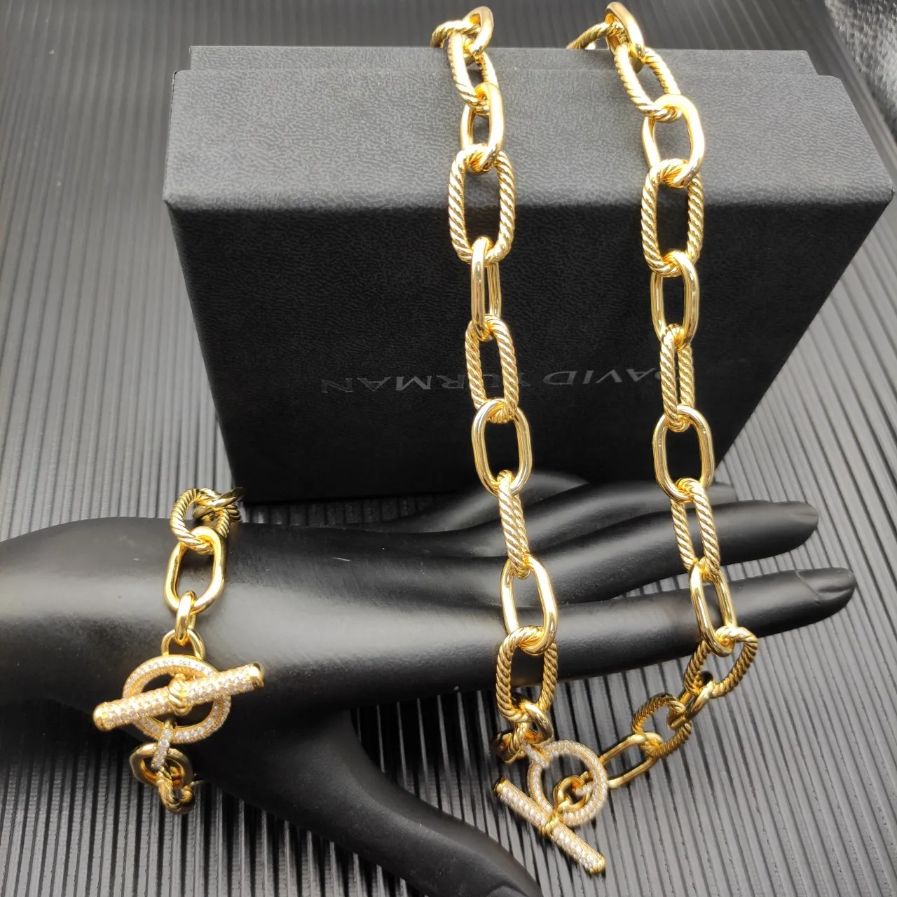 Gold White Rope-Link Chain Pavé-Toggle Clasp Necklace 2