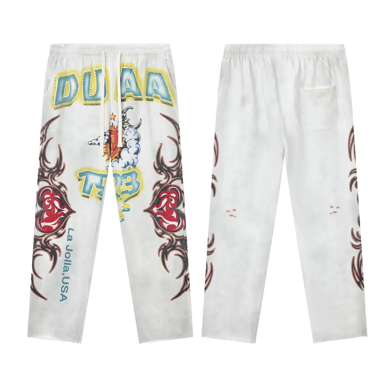 Graphic-Print Elastic-Waist Raw-Hem Loose Sweatpants 2