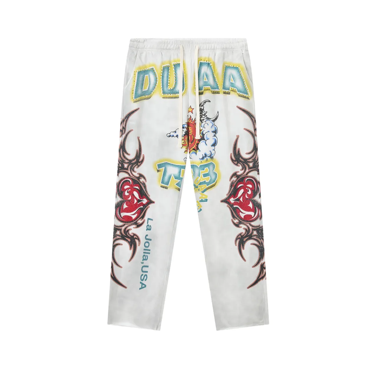Graphic-Print Elastic-Waist Raw-Hem Loose Sweatpants 3