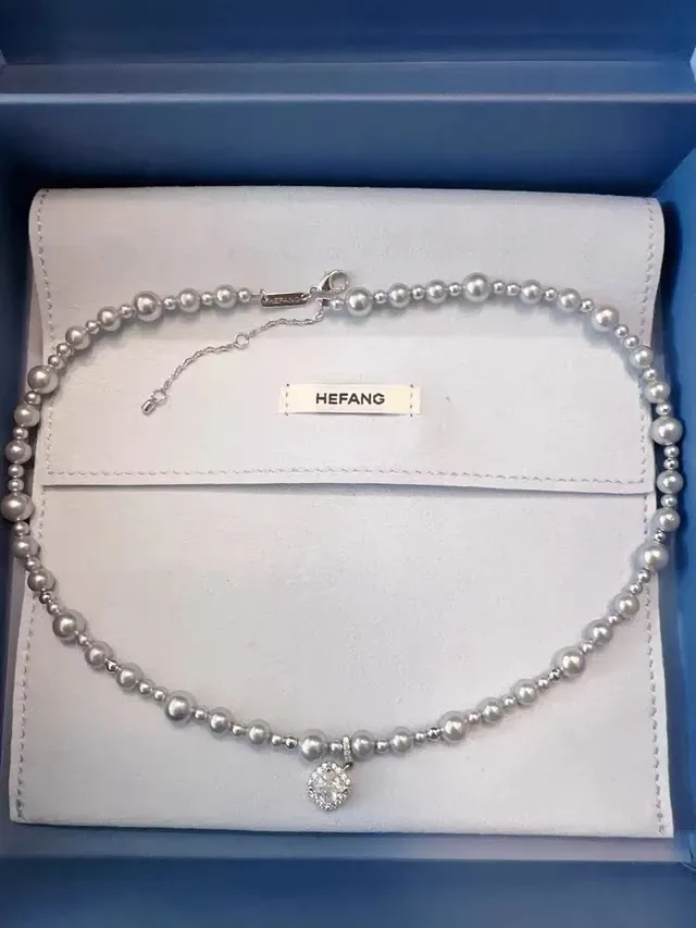 HEFANG Silver Gray Beaded Chain Spherical Metallic Beads Necklace 5