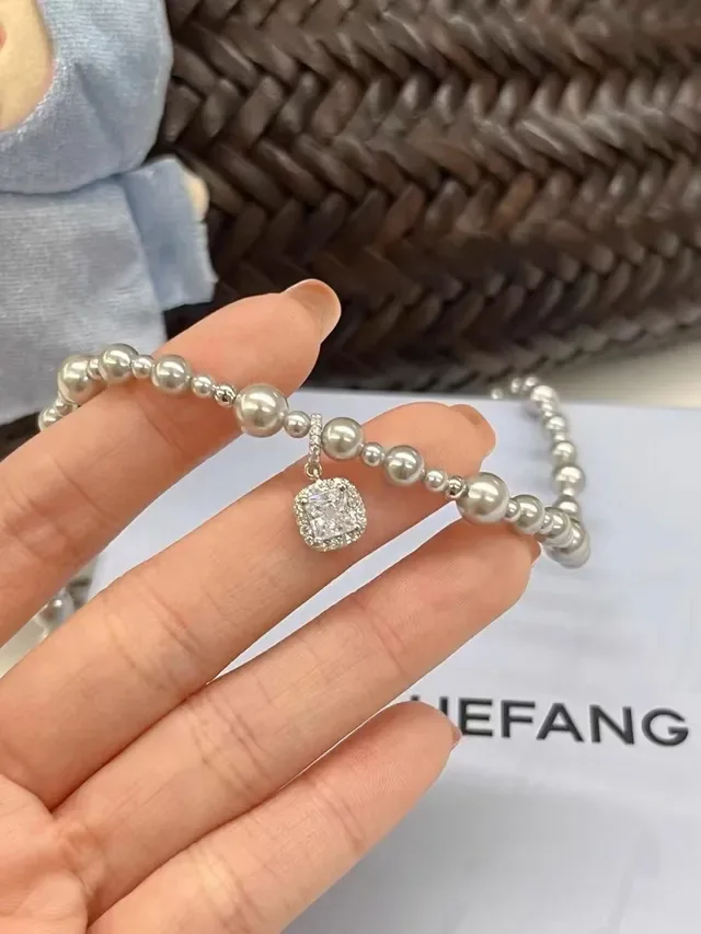 HEFANG Silver Gray Beaded Chain Spherical Metallic Beads Necklace 7