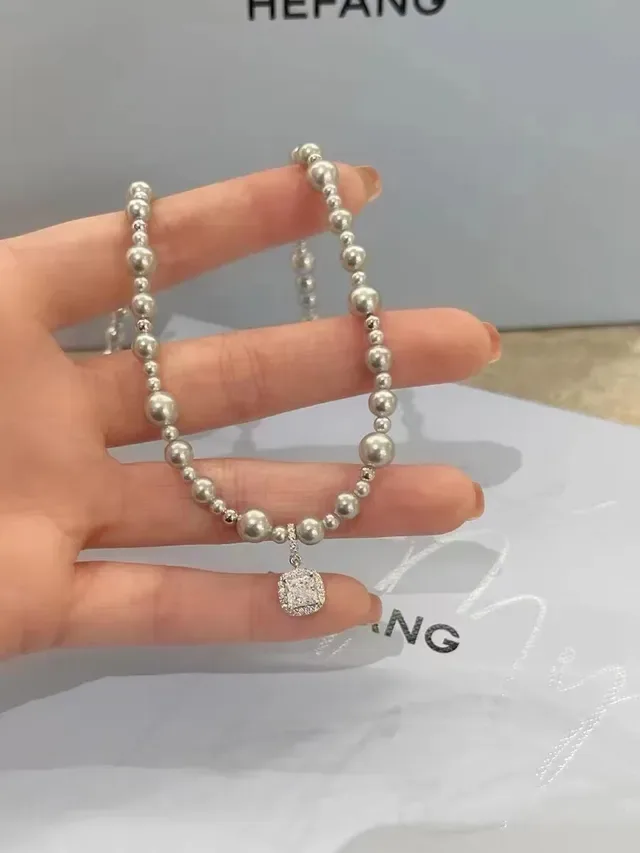 HEFANG Silver Gray Beaded Chain Spherical Metallic Beads Necklace 8