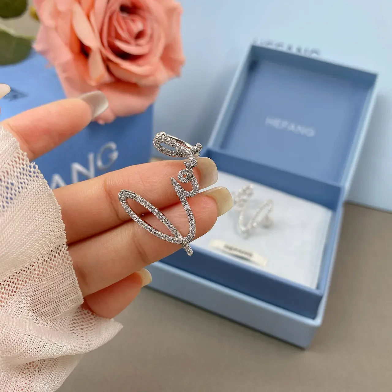 HEFANG Silver White Pavé Crystal-Encrusted Asymmetrical Script Silhouette Earrings 4