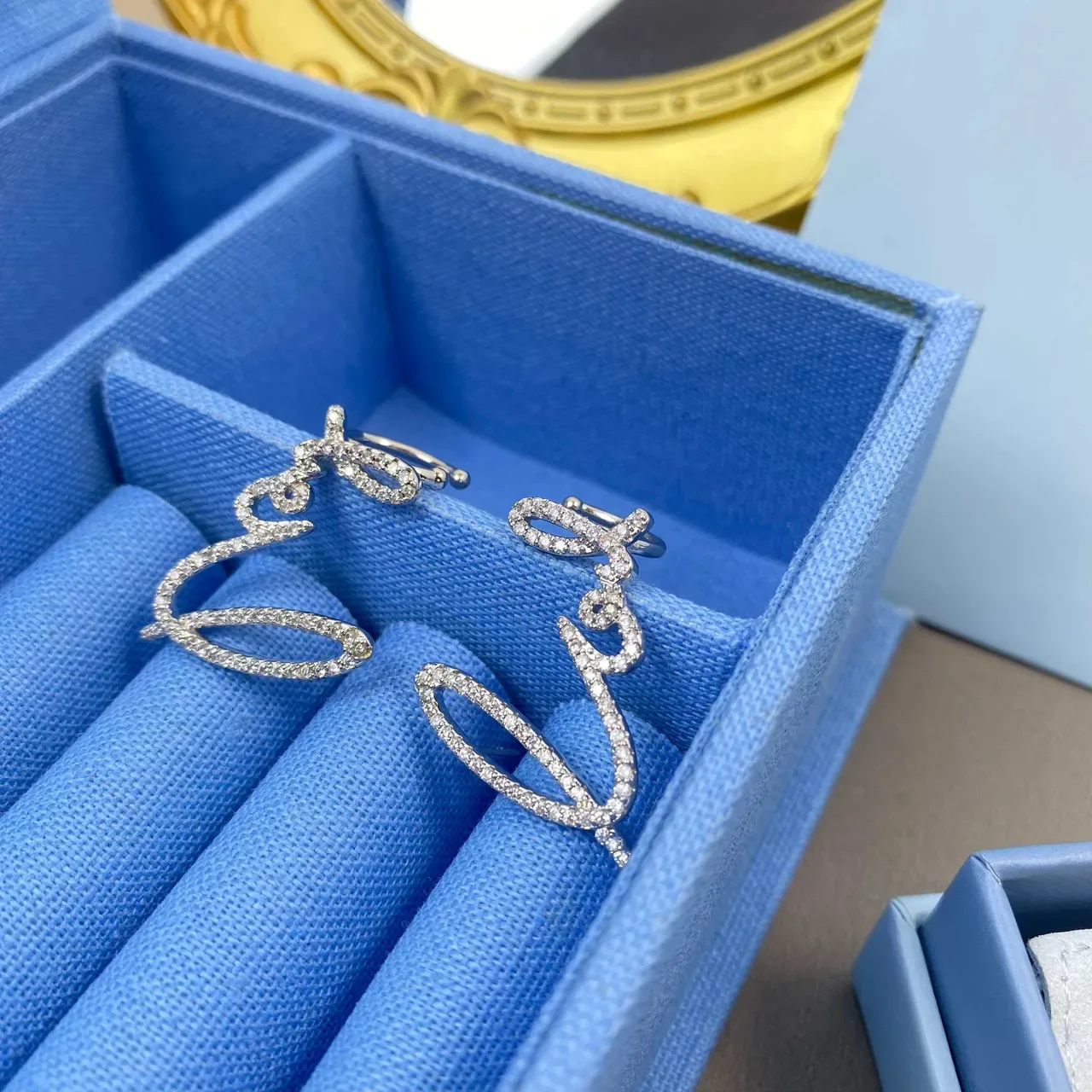 HEFANG Silver White Pavé Crystal-Encrusted Asymmetrical Script Silhouette Earrings 9