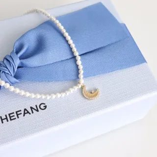 HEFANG White Gold Pearl Strand Crescent Moon Pendant Necklace