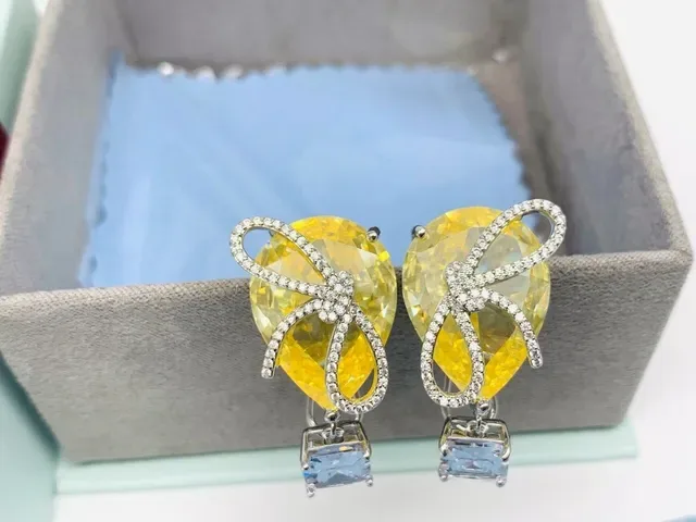 HEFANG Yellow Gemstone Bow Motif Drop Earrings 6