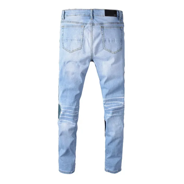 Light-Wash Distressed Patchwork Slim-Fit Jeans 4