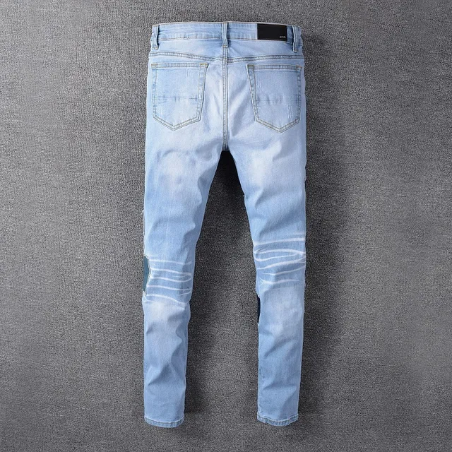 Light-Wash Distressed Patchwork Slim-Fit Jeans 5