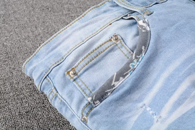 Light-Wash Distressed Patchwork Slim-Fit Jeans 7