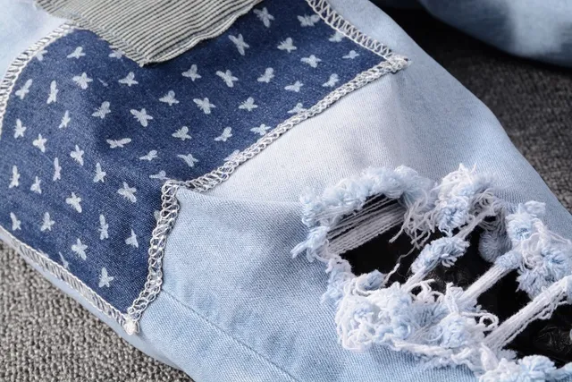 Light-Wash Distressed Patchwork Slim-Fit Jeans 8