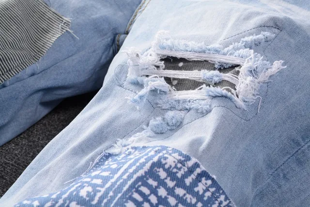 Light-Wash Distressed Patchwork Slim-Fit Jeans 9